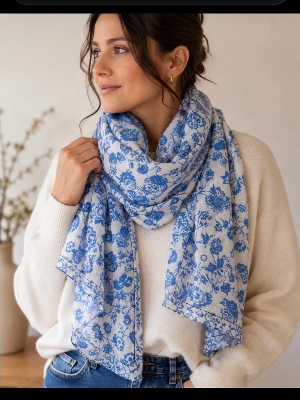 JOIE long 100% cotton Blue & White Floral Embroidered Scarf 40” X 72” , NWT